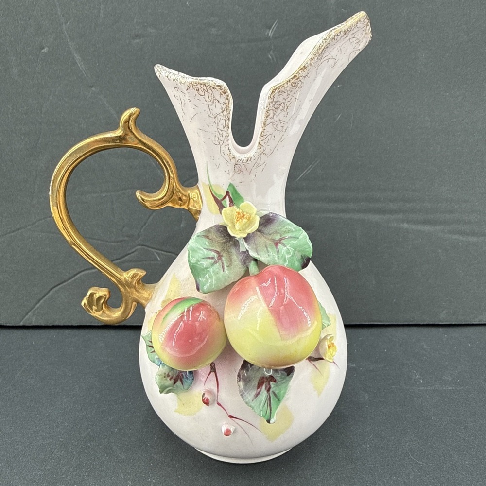 Vintage Lefton 6" Porcelain Applied Apple Blossoms Pink Pitcher Ewer Creamer USA